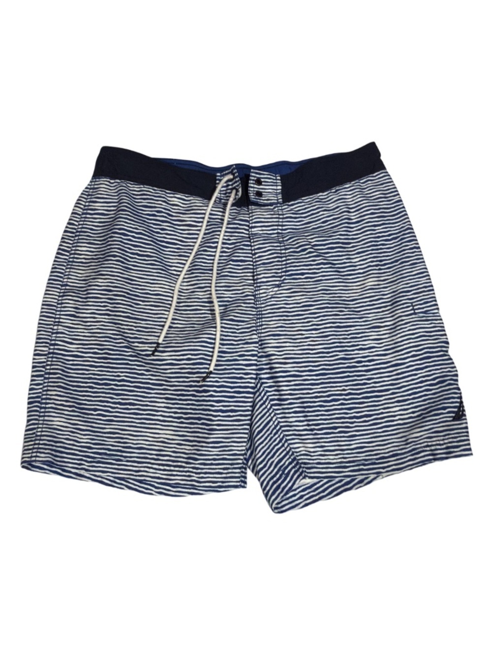 Nautica Swim Trunks Men’s Large Blue White Striped Board Shorts Drawstring Quick